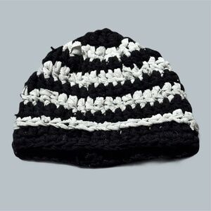 Crochet Knitted Winter Hat Fall Black Grey White Striped Grunge Cyber Indie
